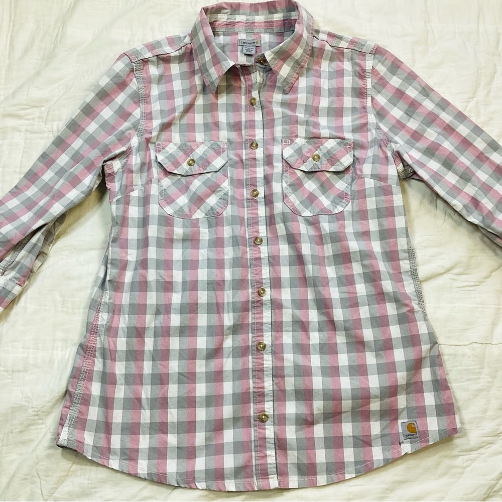 Womens Carhartt Huron 3/4 Sleeve Checkered Plaid Button Up Shirt Medium